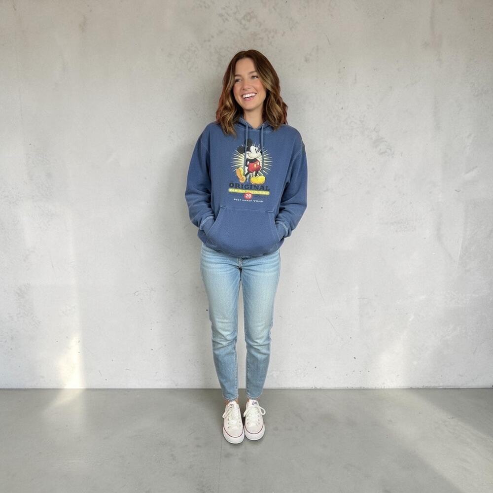 Disney Women’s Sz Small Unisex Mickey Mouse Worn Blue Hoodie Thick Cozy Sweats